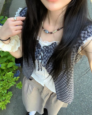 Checked layered off-shoulder blouse