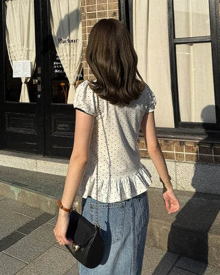 Dot neck string short-sleeved T-shirt