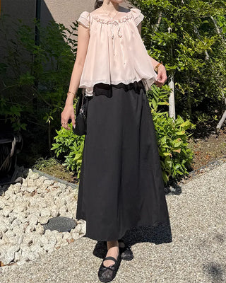 Frilled ribbon chiffon off-shoulder blouse