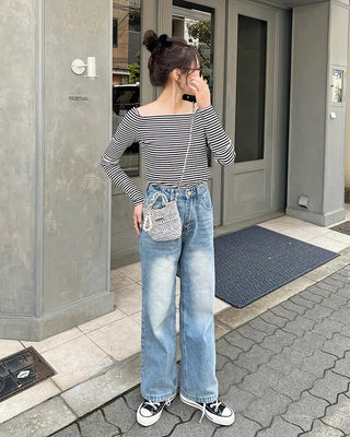 Striped off-shoulder t-shirt