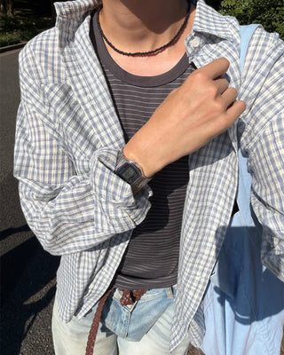 Seersucker check long-sleeved shirt