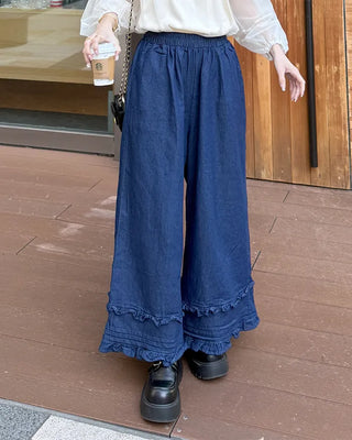 Frilled denim cotton wide-leg pants with elastic waistband