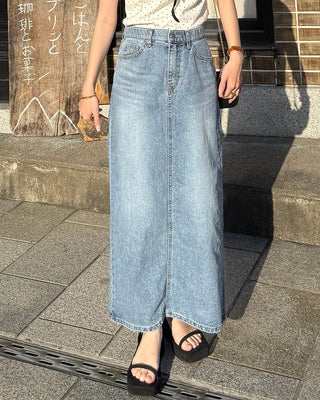 H-line elastic waist long denim skirt