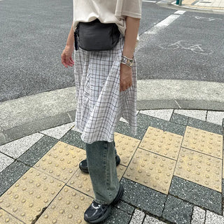 Pleated check midi skirt
