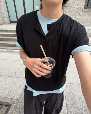 Henley neck simple short-sleeved T-shirt