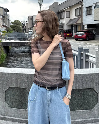 Checkered sheer short-sleeved T-shirt