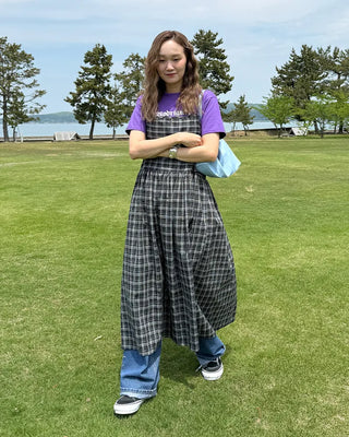 Checked long camisole dress