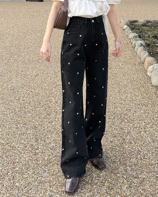 Heart-patterned denim pants