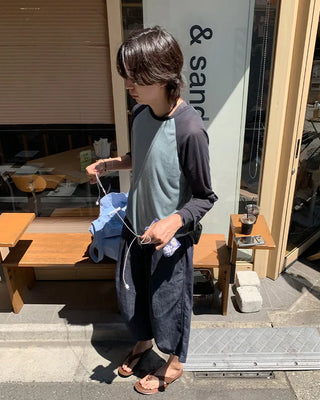 Summer knit raglan bicolor long-sleeve T-shirt