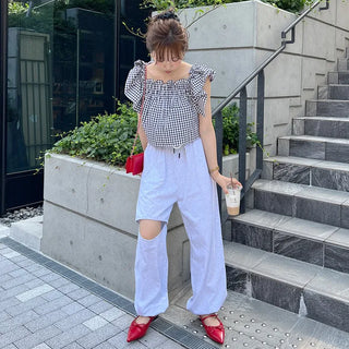 Gingham check frill blouse