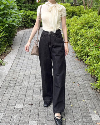 Satin ribbon short-sleeved blouse