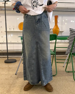 Slit maxi denim skirt