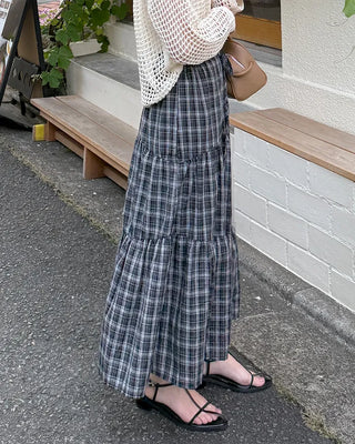 Checked banded long skirt