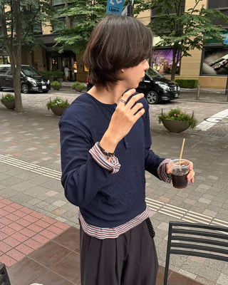 Henley neck summer long-sleeved knit