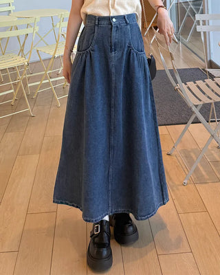 Elastic waist pocket midi denim skirt