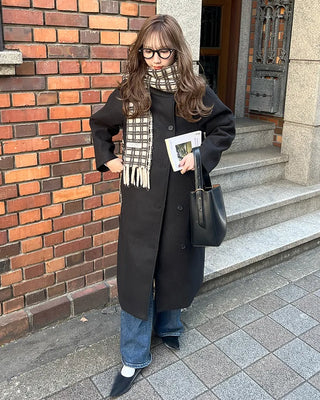 High-neck belted long coat