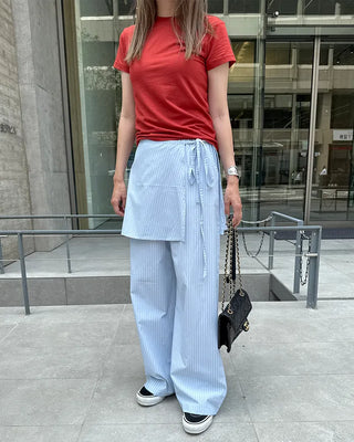 Striped layered wrap skirt set with banding pants