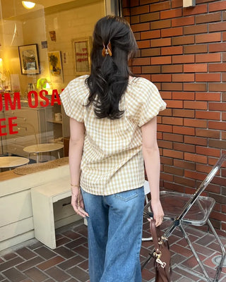 Checked Shirred V-Neck Blouse