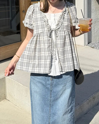 Front Ribbon Check Puff Sleeve Top