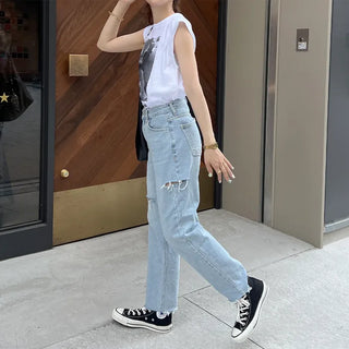 Distressed denim pants