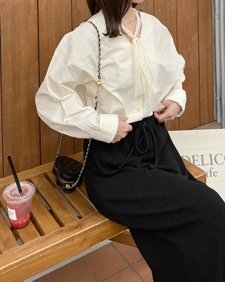Lace tie set V-neck cotton blouse