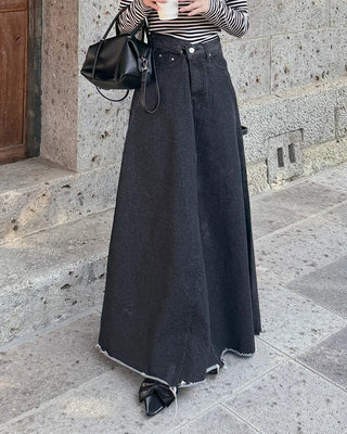 Flared long denim skirt