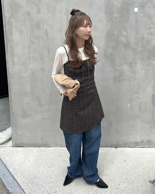 Shirred check sleeveless mini dress