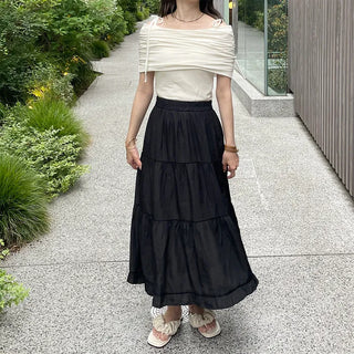 Ribbon open shoulder T-shirt