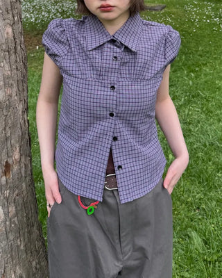 Puff-sleeve checkered blouse