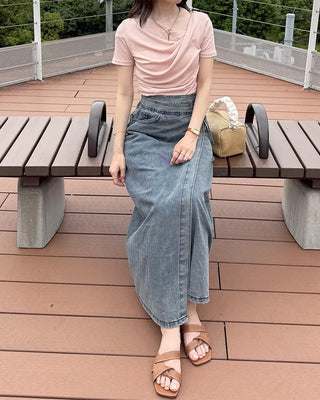 Wrap long denim skirt