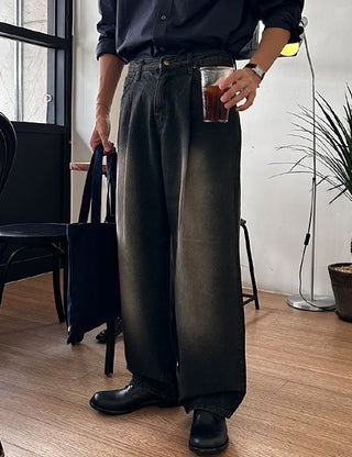 Aim Stonewashed Single-Pleat Denim Pants (2 colors)
