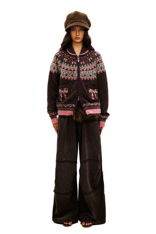 [Moromoro2] Fair Isle Bow Pocket Retro Collar  Cardigan