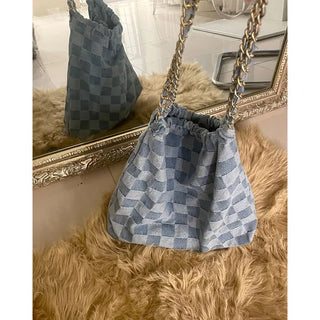 Checked denim chain bag