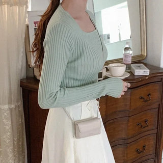 (5 colors) Ribbed Square Neck Knit Top