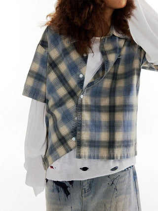 CONP Asymmetric bias-cut plaid shirt (blue)