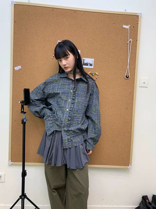 [NEVERSEEZ] Seersucker Check Ruffle Drawstring Shirt