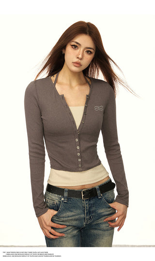 HALTER NECK LONG-SLEEVED FAKE TWO-PIECE TOP
