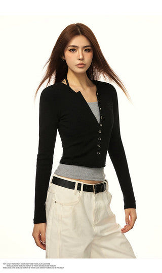HALTER NECK LONG-SLEEVED FAKE TWO-PIECE TOP