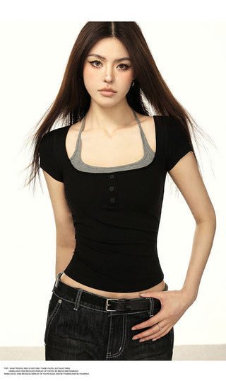 fake two-piece square necks top