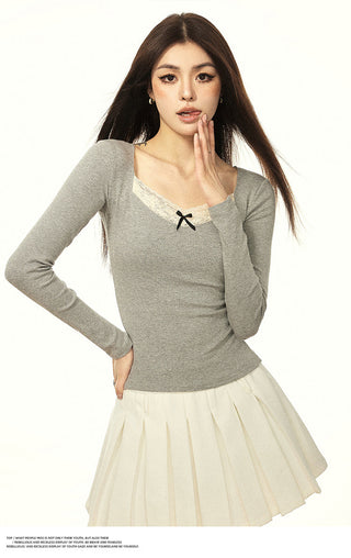 V-neck lace bowknot top