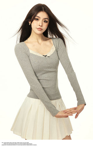 V-neck lace bowknot top