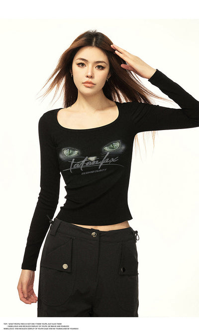 BIG U-NECK LONG-SLEEVED WITH CARTOON TOP