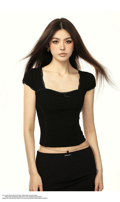 Square Neck lace Trim Crop Top