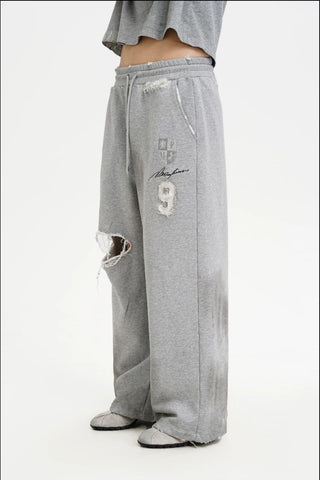 [MASONPRINCE] Distressed Patch Straight Leg Sweatpants