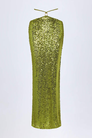Embellished Hardware-Detail Strappy Maxi Skirt in Olive Green