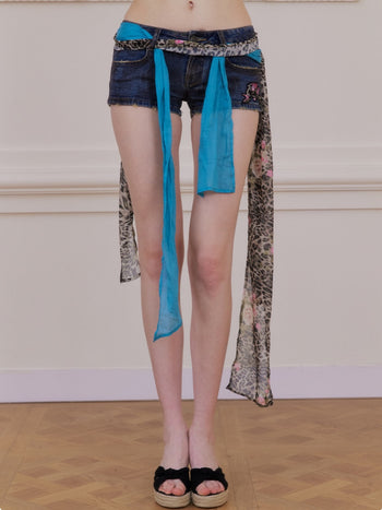 [NECY] New Vintage Floral Leopard Ribbon Denim Shorts