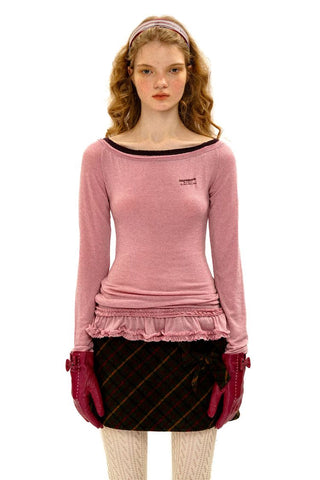 [Moromoro2] Off-Shoulder Ruffle Hem Long Sleeve  Top