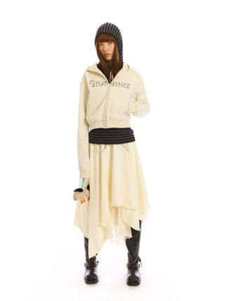 [NeverSeez] Cropped Raw Edge Hooded Zip-Up