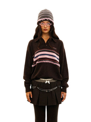 [Moromoro2] Striped Lace-Up Cold Hat