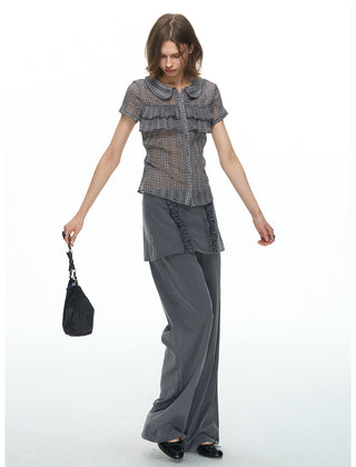 [NECY] Pin Stripe Ruffle Lace Skirt Pants